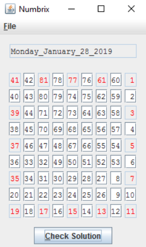 Completed Numbrix grid.